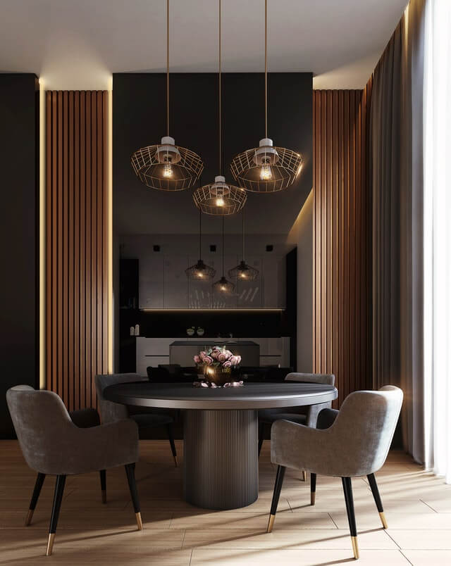 Services 1 gray dining table under pendant lamps